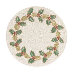 4 pcs Tahari Home Beaded Holiday Placemat – Holly Leaf, 15" Round